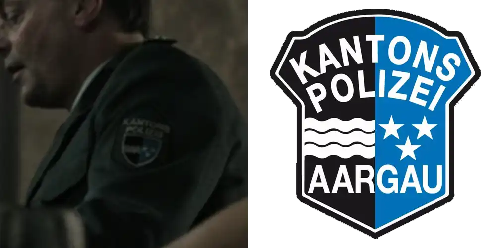 Vergleich zwischen der Uniform eines Polizisten im Film und dem offiziellen Wappen der Kantonspolizei Aargau.